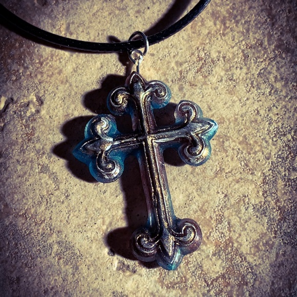 Vintage Jewelry - 🔴Catholic Cross Necklace Blue, Brown, & Gold